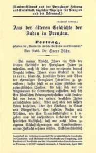 Oscar Bähr: Aus der älteren Geschichte der Juden in Prenzlau (Vortrag, gehalten im „Verein für jüdische Geschichte und Literatur“). (aus: Prenzlauer Zeitung und Kreisblatt, 1900–1901)